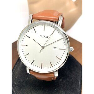 Burei Men's Watch S-19003M Quartz Silver Dial Brown Leather Strap 41mm